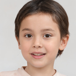 Joyful white child female with short  brown hair and brown eyes