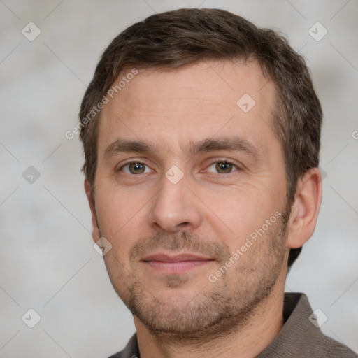 Neutral white adult male with short  brown hair and brown eyes