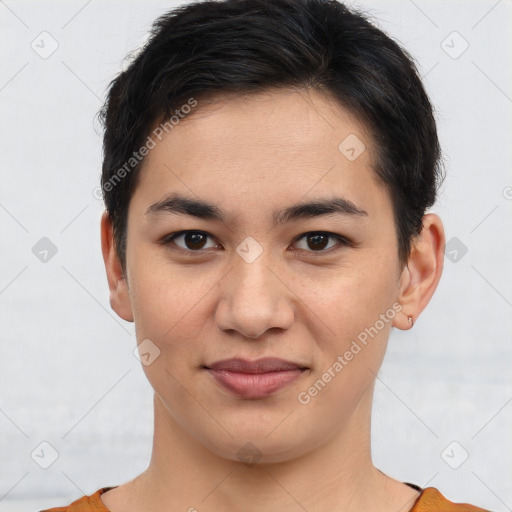 Joyful asian young-adult female with short  brown hair and brown eyes