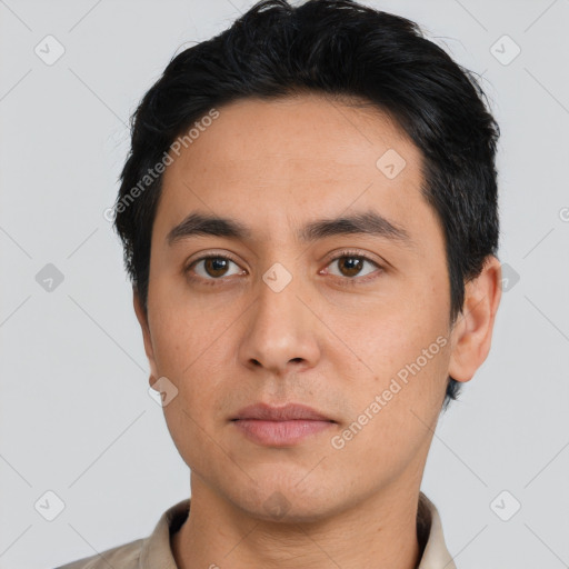 Neutral asian young-adult male with short  black hair and brown eyes