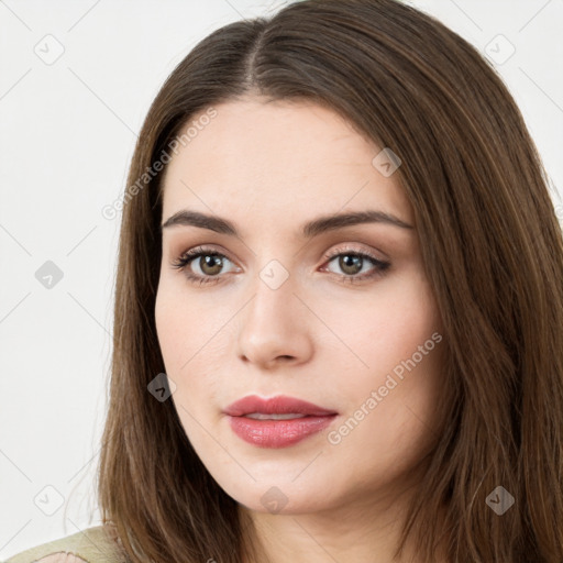 Neutral white young-adult female with long  brown hair and brown eyes