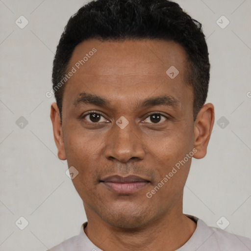 Neutral black young-adult male with short  black hair and brown eyes