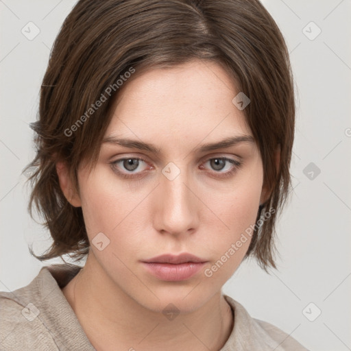 Neutral white young-adult female with medium  brown hair and grey eyes