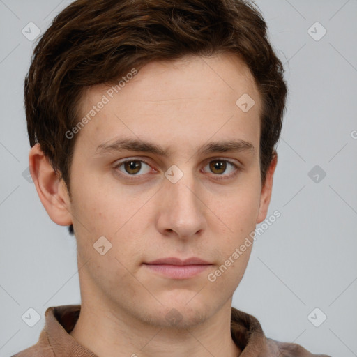 Neutral white young-adult male with short  brown hair and grey eyes