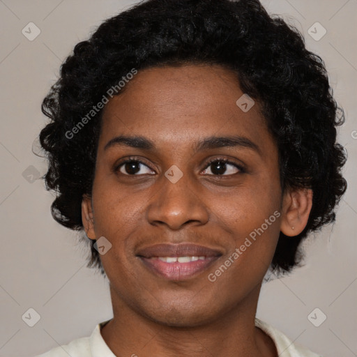 Joyful latino young-adult female with short  black hair and brown eyes