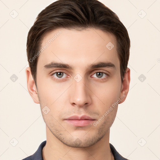 Neutral white young-adult male with short  brown hair and brown eyes