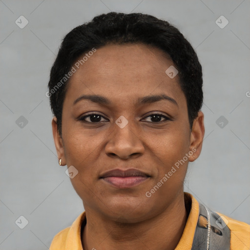 Joyful latino young-adult female with short  black hair and brown eyes