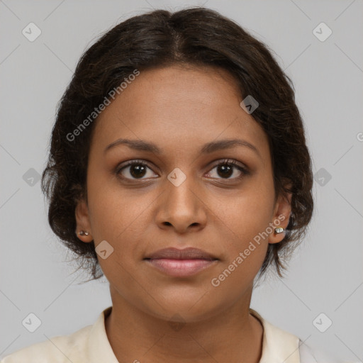 Neutral black young-adult female with short  brown hair and brown eyes