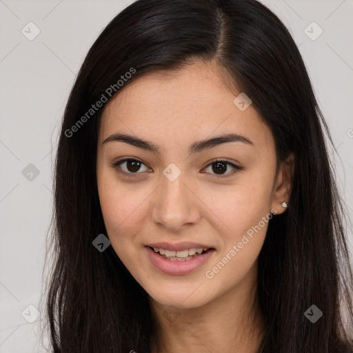 Joyful asian young-adult female with long  brown hair and brown eyes