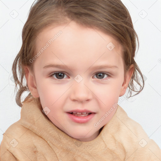 Joyful white child female with medium  brown hair and blue eyes