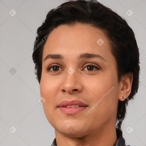 Joyful white young-adult female with short  brown hair and brown eyes