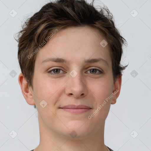 Joyful white young-adult female with short  brown hair and grey eyes