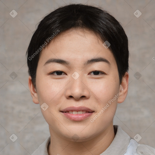 Joyful asian young-adult female with short  brown hair and brown eyes