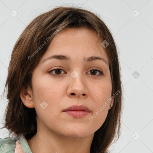 Neutral white young-adult female with medium  brown hair and brown eyes