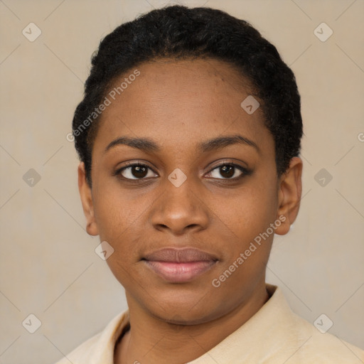 Neutral black young-adult female with short  black hair and brown eyes