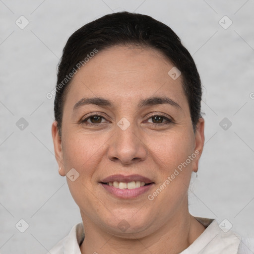 Joyful white young-adult female with short  brown hair and brown eyes