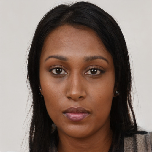 Neutral asian young-adult female with long  black hair and brown eyes