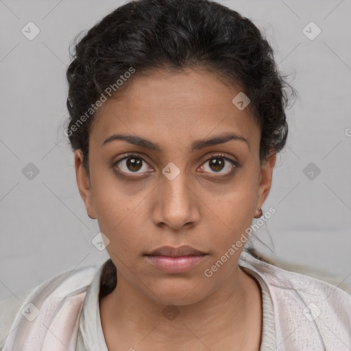 Neutral white young-adult female with short  brown hair and brown eyes