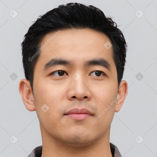 Neutral asian young-adult male with short  black hair and brown eyes