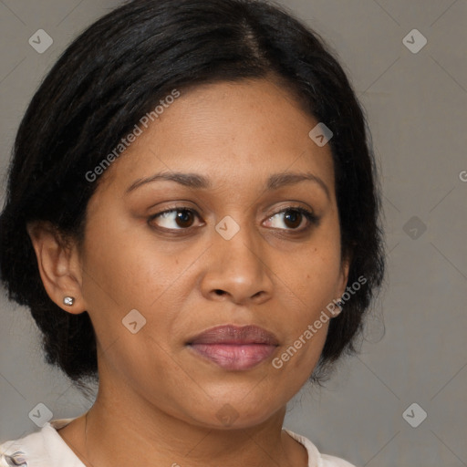 Joyful black adult female with medium  brown hair and brown eyes