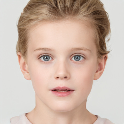 Neutral white child female with short  brown hair and grey eyes