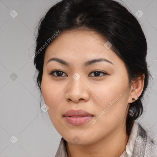 Joyful asian young-adult female with medium  brown hair and brown eyes