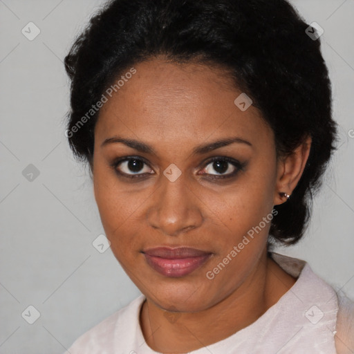 Joyful black young-adult female with medium  black hair and brown eyes