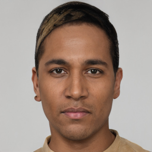 Neutral latino young-adult male with short  black hair and brown eyes