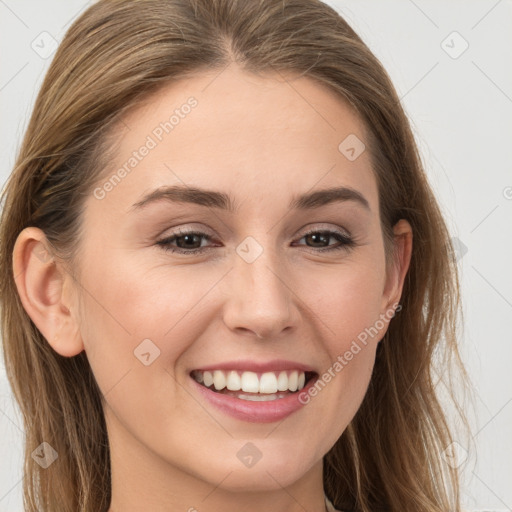 Joyful white young-adult female with long  brown hair and grey eyes