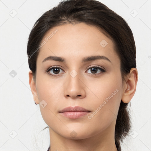 Neutral white young-adult female with medium  brown hair and brown eyes