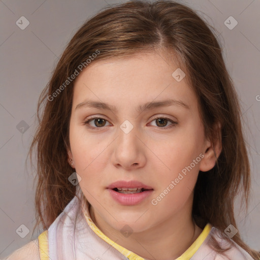 Neutral white young-adult female with medium  brown hair and brown eyes