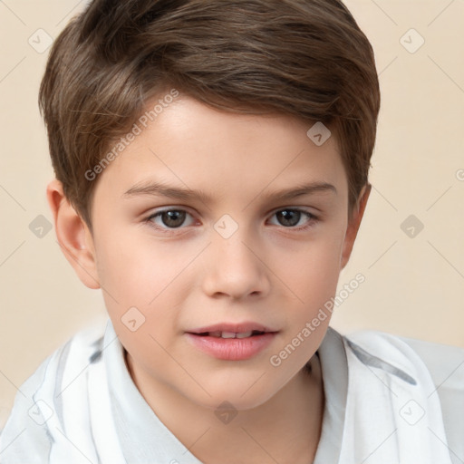 Joyful white child male with short  brown hair and brown eyes