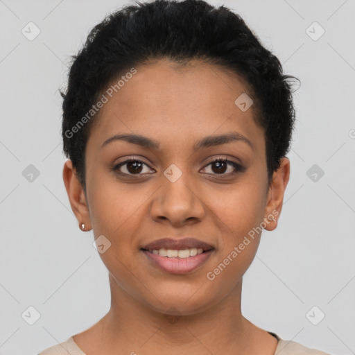 Joyful latino young-adult female with short  brown hair and brown eyes