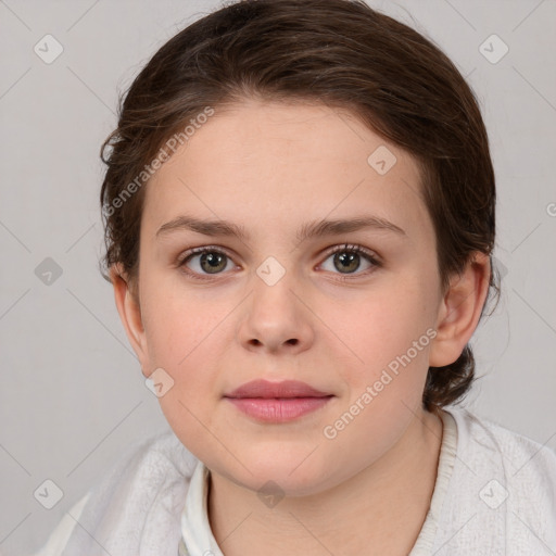 Joyful white child female with medium  brown hair and brown eyes