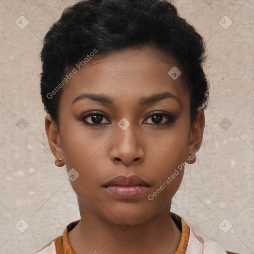 Neutral black young-adult female with short  black hair and brown eyes