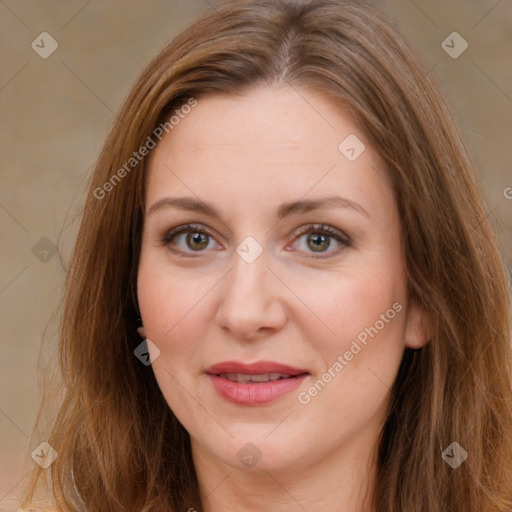 Joyful white adult female with long  brown hair and brown eyes