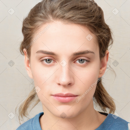 Neutral white young-adult female with medium  brown hair and grey eyes