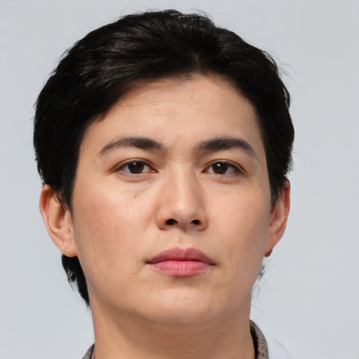 Neutral asian young-adult female with short  black hair and brown eyes