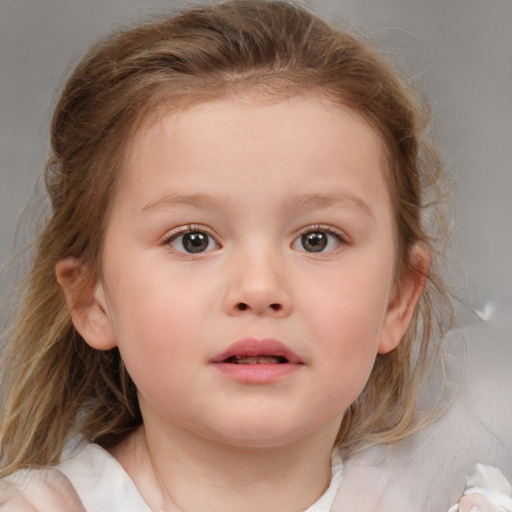 Neutral white child female with medium  brown hair and blue eyes