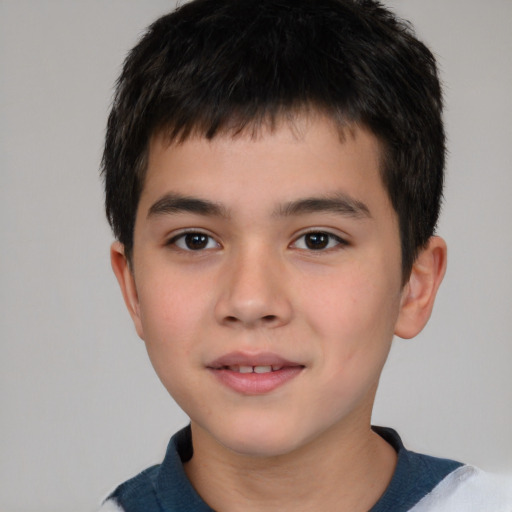 Joyful asian child male with short  brown hair and brown eyes