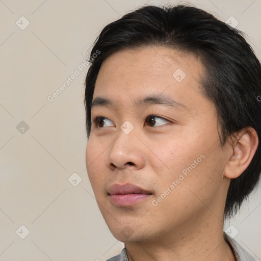 Neutral asian young-adult male with short  brown hair and brown eyes