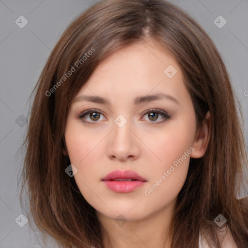 Neutral white young-adult female with long  brown hair and brown eyes