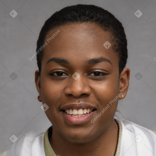 Joyful black young-adult female with short  black hair and brown eyes