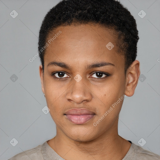 Joyful latino young-adult female with short  black hair and brown eyes