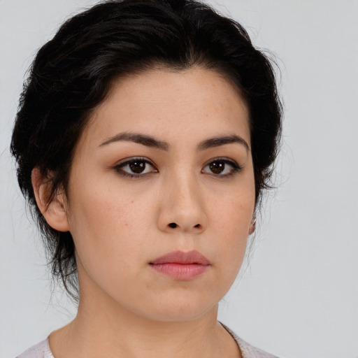 Neutral asian young-adult female with medium  black hair and brown eyes
