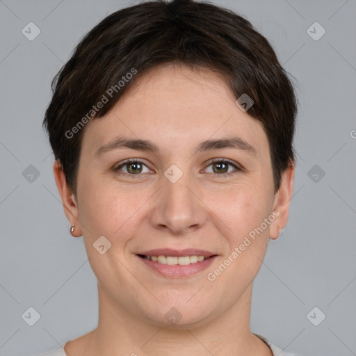 Joyful white young-adult female with short  brown hair and brown eyes