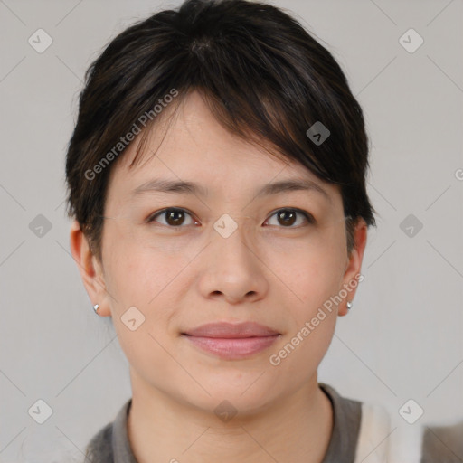 Joyful asian young-adult female with short  brown hair and brown eyes