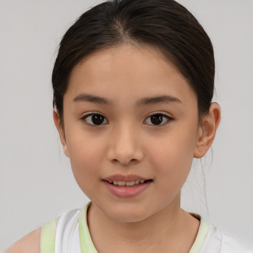 Joyful white child female with medium  brown hair and brown eyes
