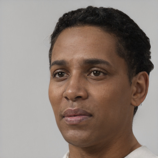 Neutral black young-adult male with short  black hair and brown eyes