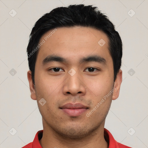 Neutral asian young-adult male with short  black hair and brown eyes